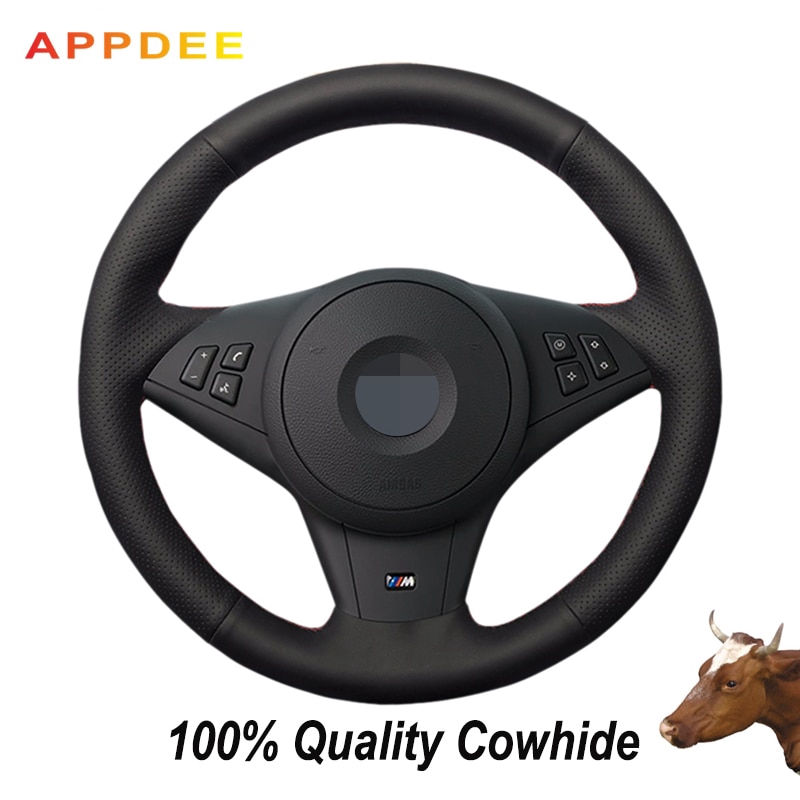 Black Genuine Leather Car Steering Wheel Cover For Bmw E60 530i E63 E64 635d Shopee Malaysia