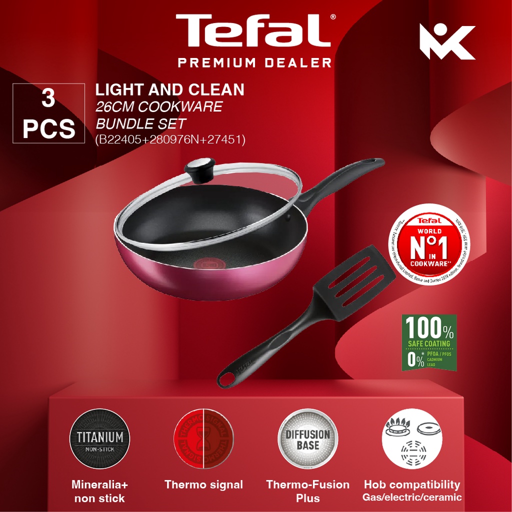 Tefal 3 in 1 Light and Clean (26cm) Cookware Bundle Set (B22405+280976N