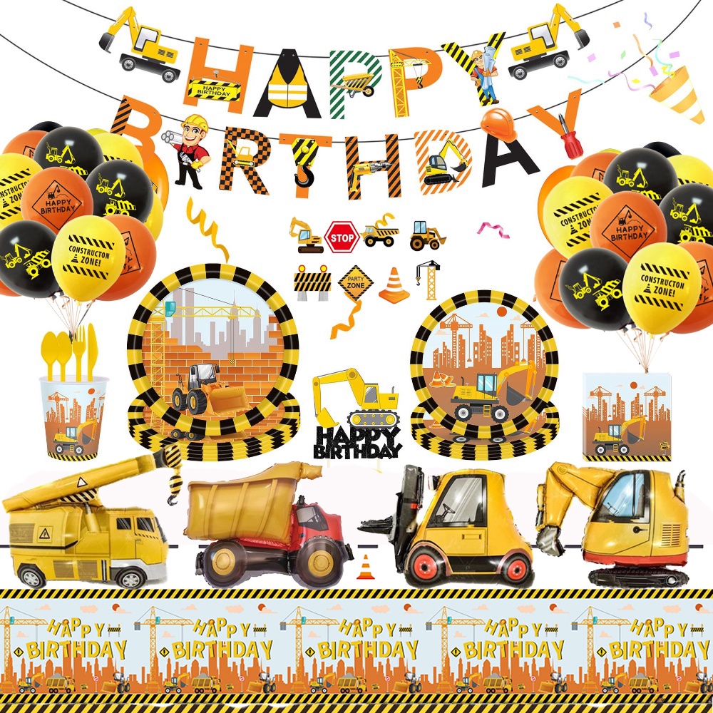 Truck Construction Theme Kids Boys Birthday Party Supplies Decorations Banner Tableware Balloons Set