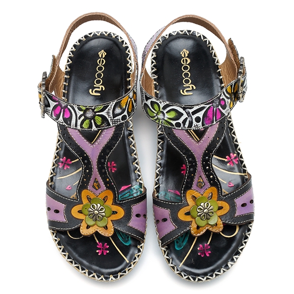 socofy bohemian leather adjustable hook loop printing forest sandals