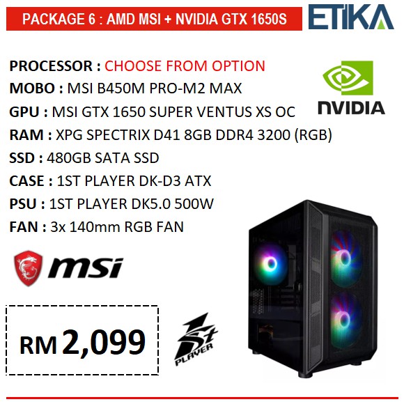 Package 6 Diy Amd Msi Pc Package With Gtx 1650 Graphics Msi B450m Pro M2 Max Motherboard 4gb Ddr4 Rgb 480gb Ssd Shopee Malaysia