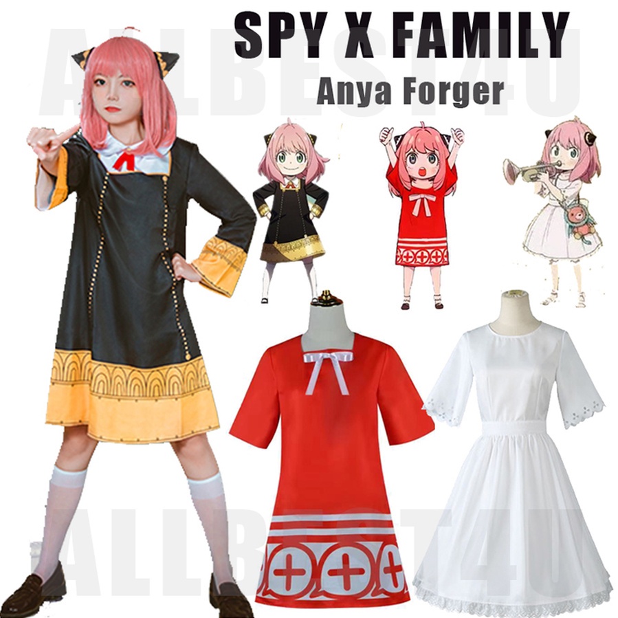 JP Anime Spy X Family Anya Forger Cosplay Costume white Dress Pink Wig ...