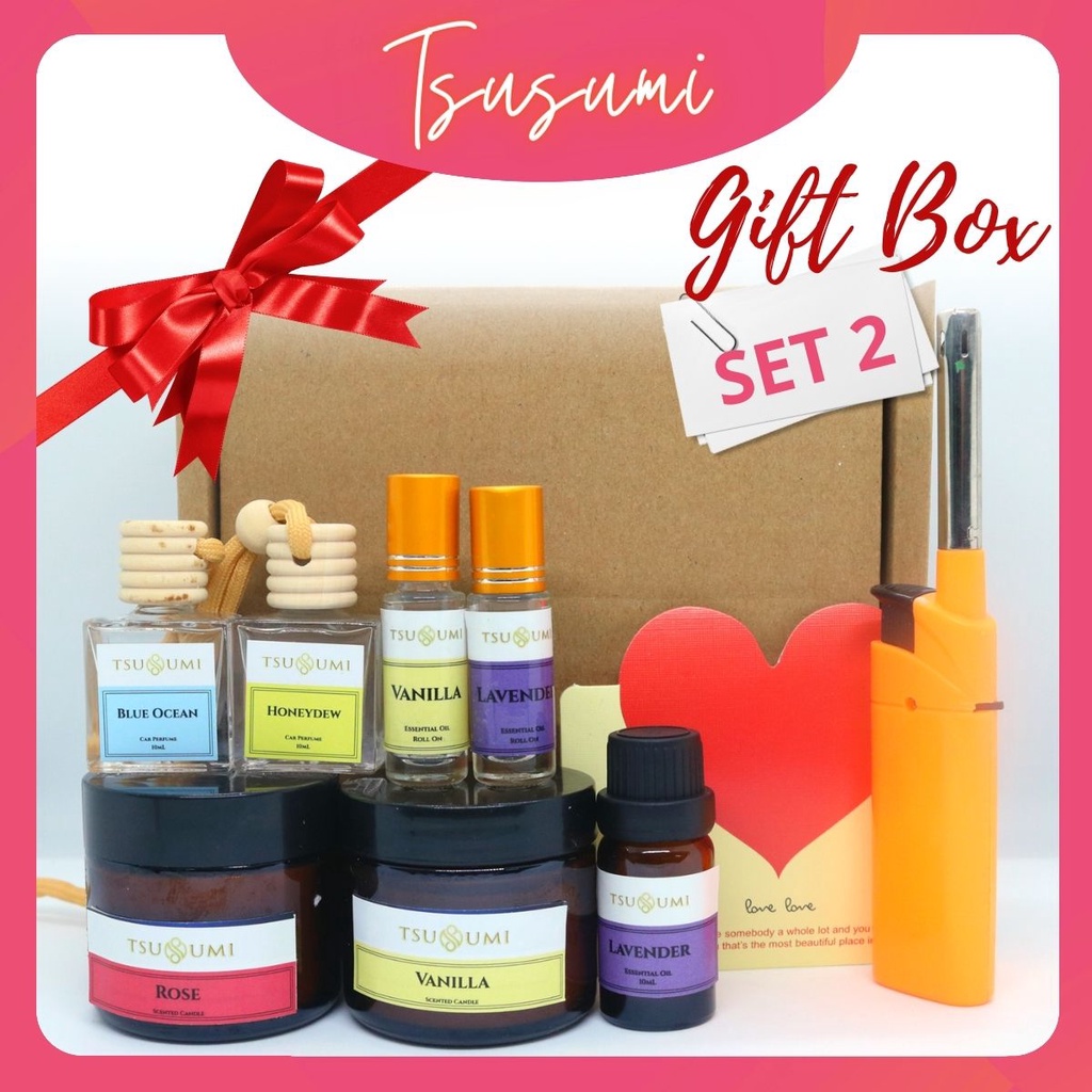 [Gift Box Set 2] Essential Oil Scented Candle Car Perfume Roll On Lighter Wish Card Box Hadiah 礼物 礼盒
