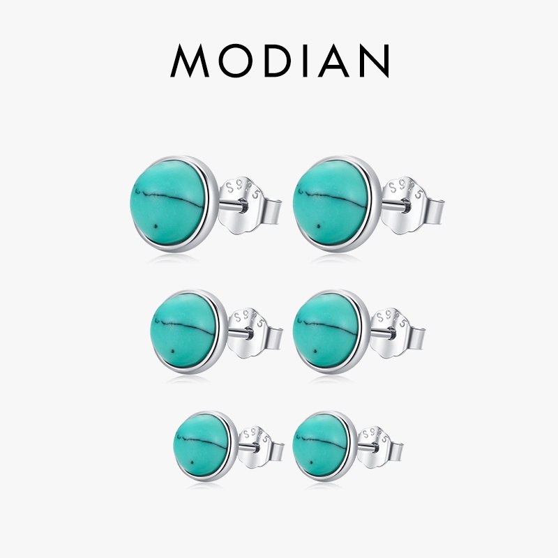 Modian Real 925 Sterling Silver Green Round Turquoise 4MM 5MM 6MM Stud Earrings Vintage Elegant Female Jewelry For Women Gifts