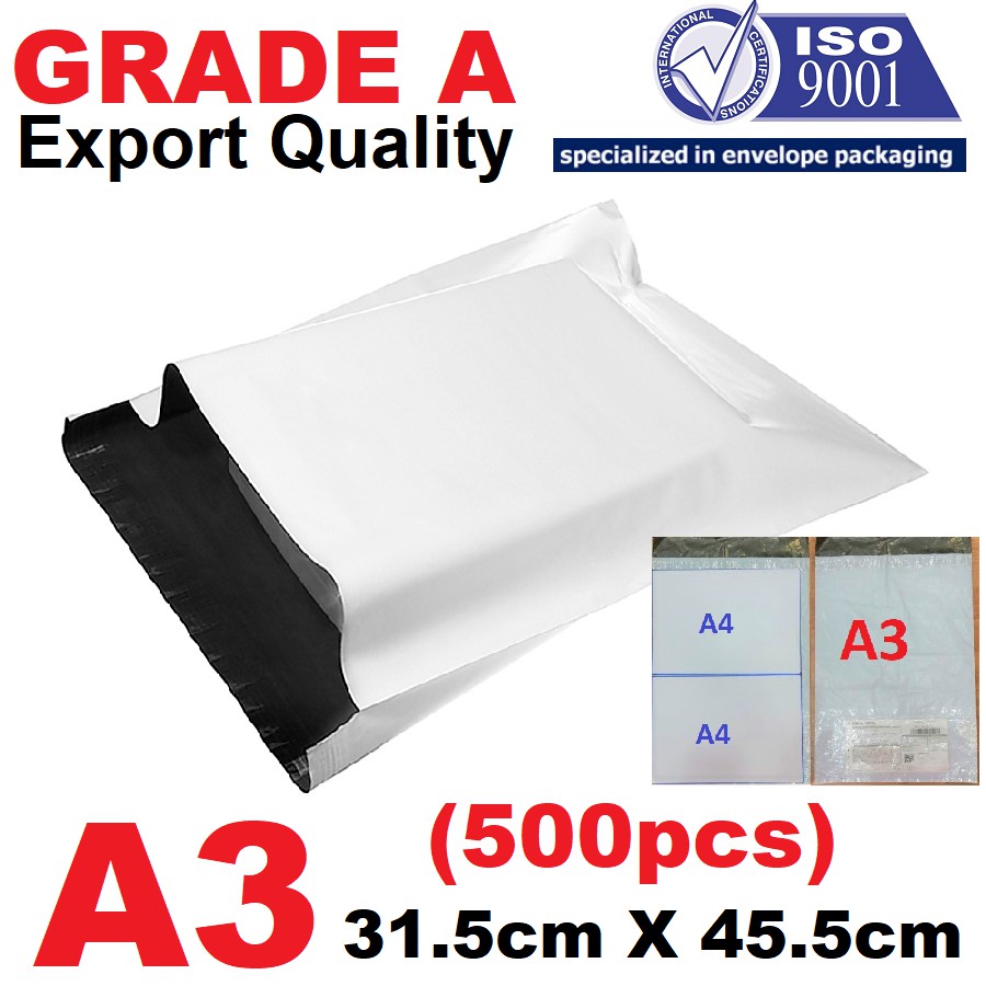 READY STOCK 31.5X45.5CM 500 pcs A3+ White Courier A3 Bag With Pocket