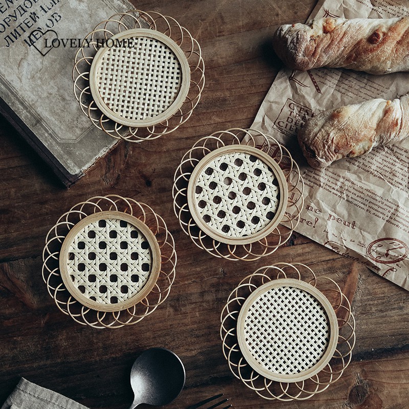 Japanese Style Drink Cup Coasters Bamboo Woven Saucer Mat Non-slip Pot Holder Rattan Woven Cup Mat Dining Table Place Mat