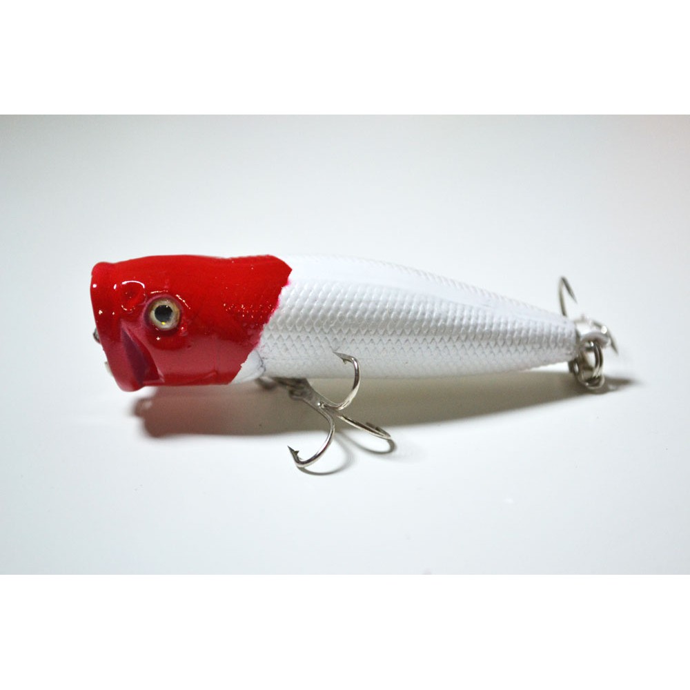 Topwater Popper Silver Body with Red Head 4/" Long Bass Fishing Lure with Rattle