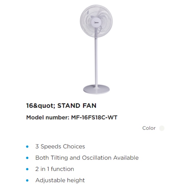 Midea Stand Fan 16 Inch 3 Speed Adjustable Height Stand Fan Mf 16fs18c Wt Shopee Malaysia