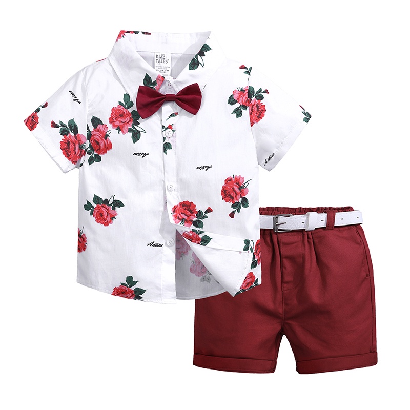 Toddler Boys Summer Rose Print Shirt Outfits Clothes Little Kids Short Sleeve Button Down Shirts + Shorts +Belt Set Gentleman Suits New Year's clothing