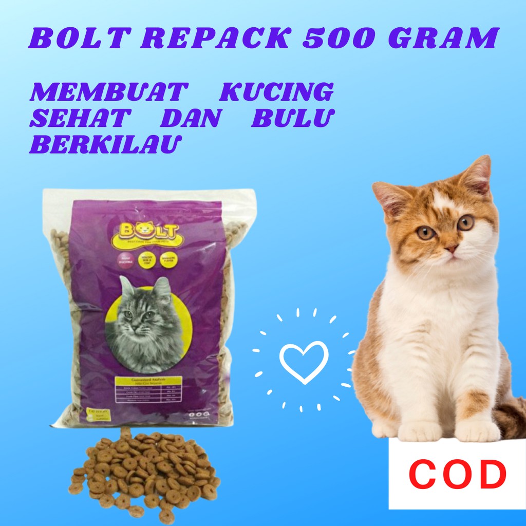 Makanan Pakan Kucing Kering Dryfood Rasa Ikan Tuna Bolt Repack 500 Gr