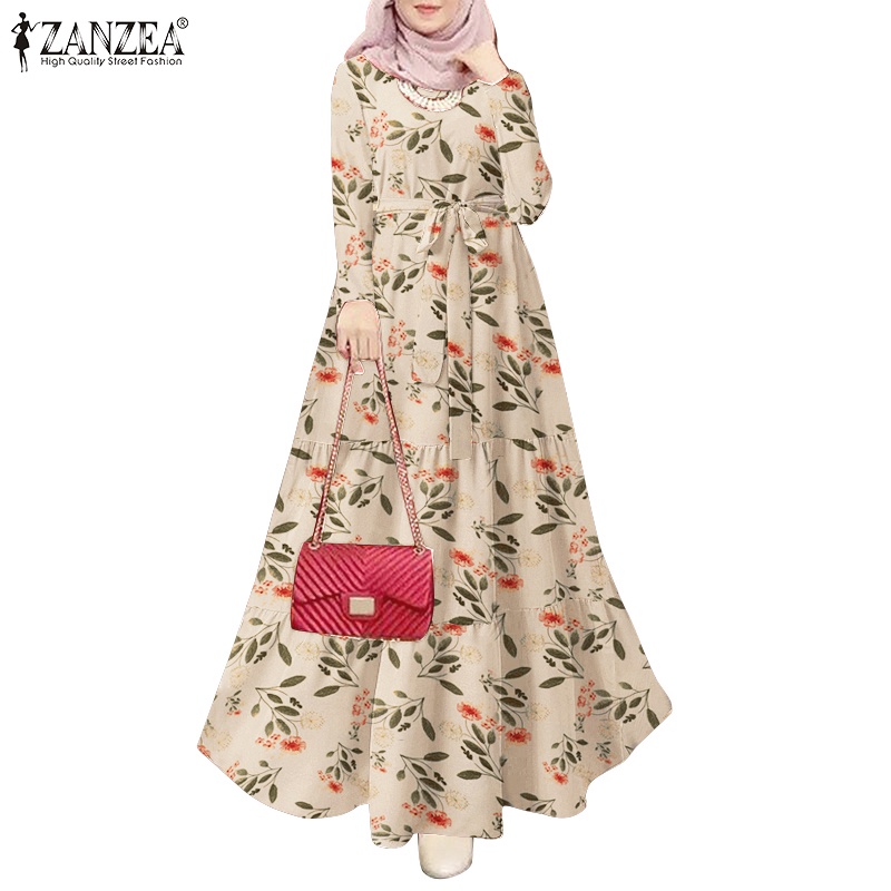 ZANZEA Women Muslim Daily Floral Print Belt Back Button O Neck Dress