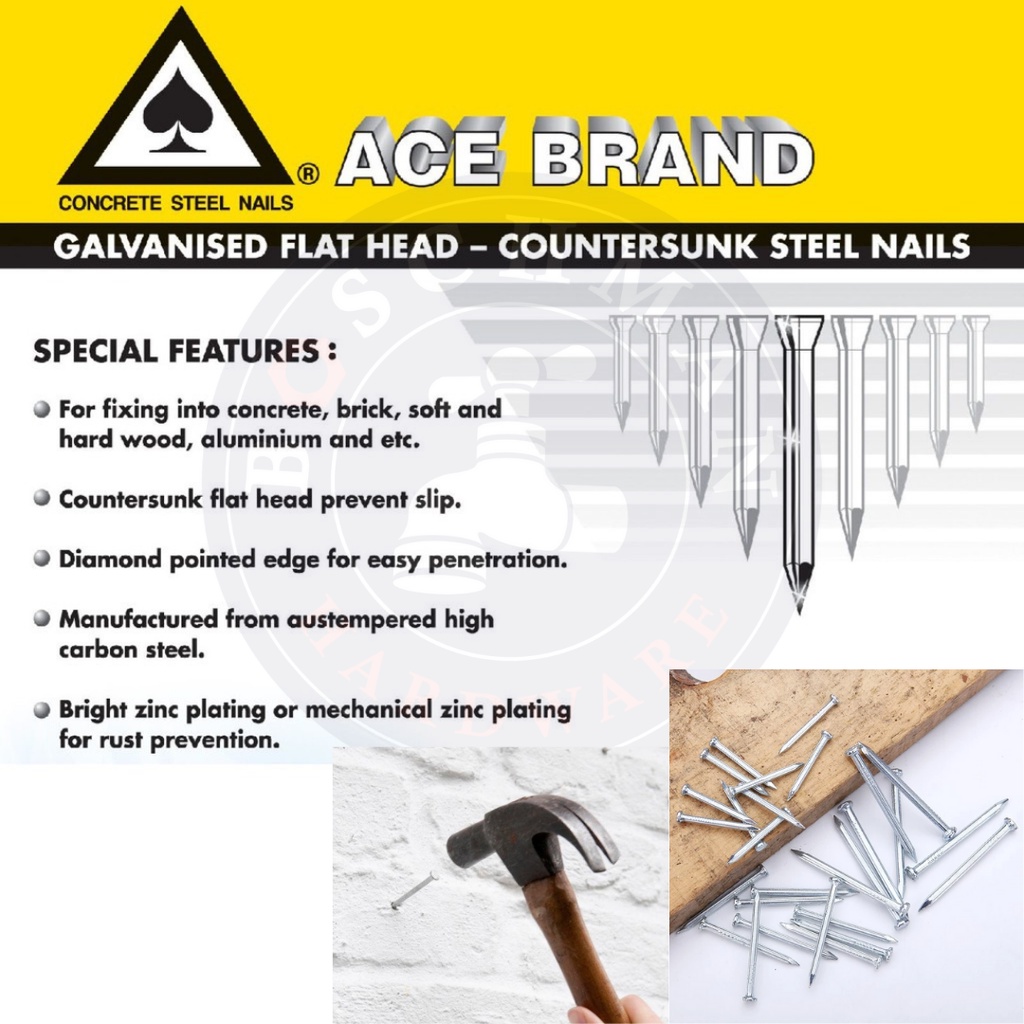 Ace Brand Concrete Nails Wall Nail Flat Head Paku Concrete Konkrit Paku  Simen Cement Paku Dinding Paku Batu 墙钉子 钢钉 | Shopee Malaysia
