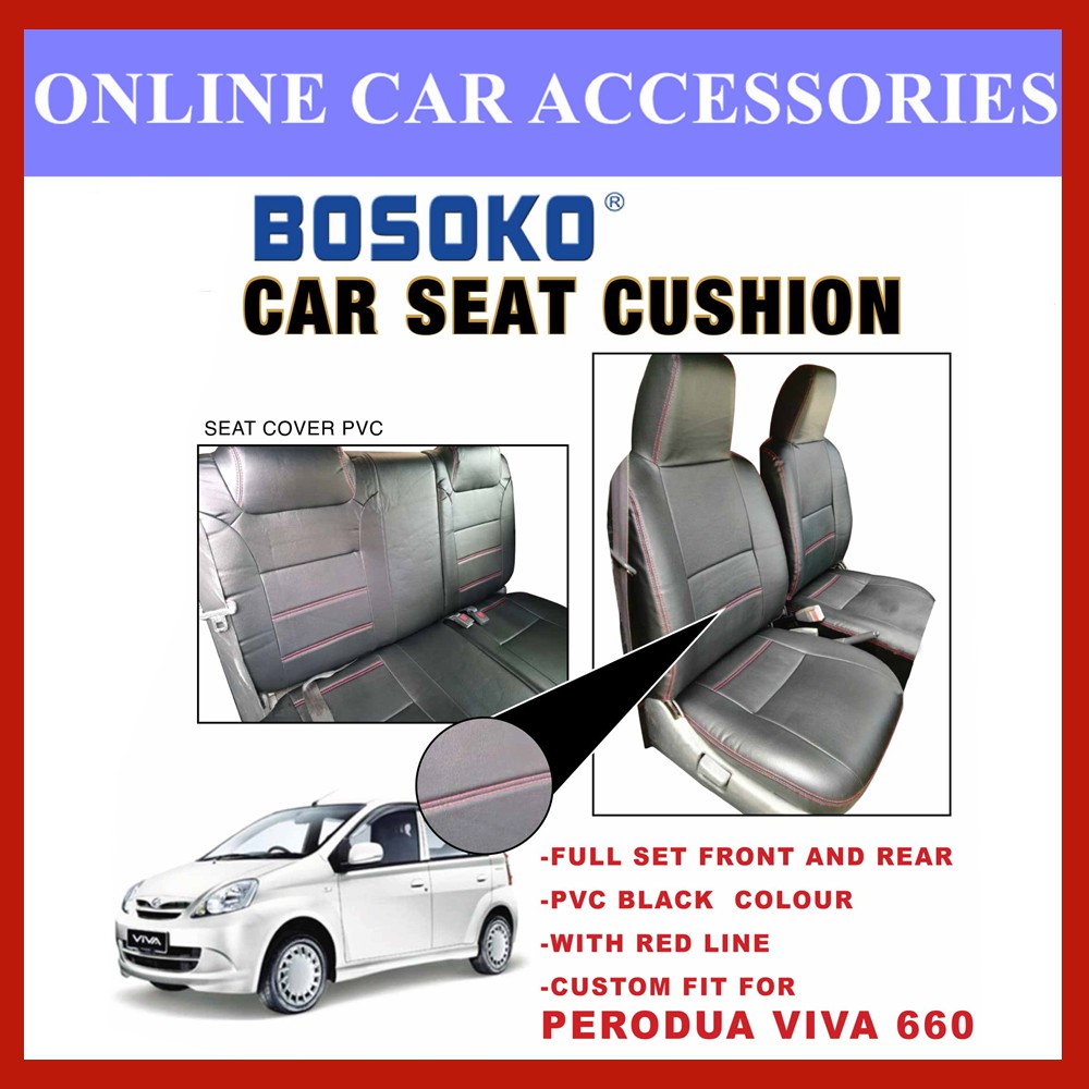 Perodua Viva 660 - Custom Fit OEM Car Seat Cushion Cover PVC Black Colour Shining With Red Line (Made In Malaysia)