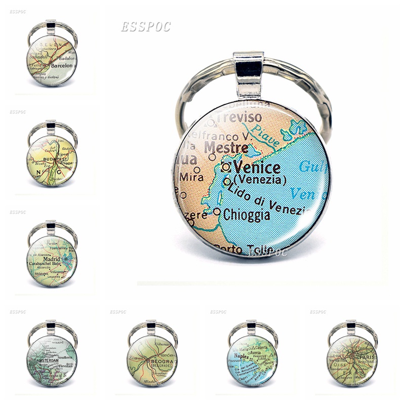 Europe Cities Map Glass Pendant Keychain Paris Prague Venice Rome Florence Fashion Souvenir Keyring Jewelry Gifts For Traveler