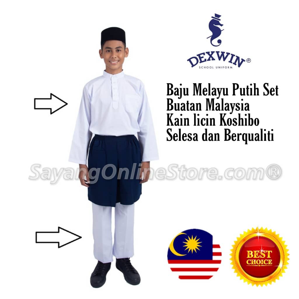 Baju Melayu Putih Pakaian Sekolah Agama Dexwin Kain Licin Koshibo Set