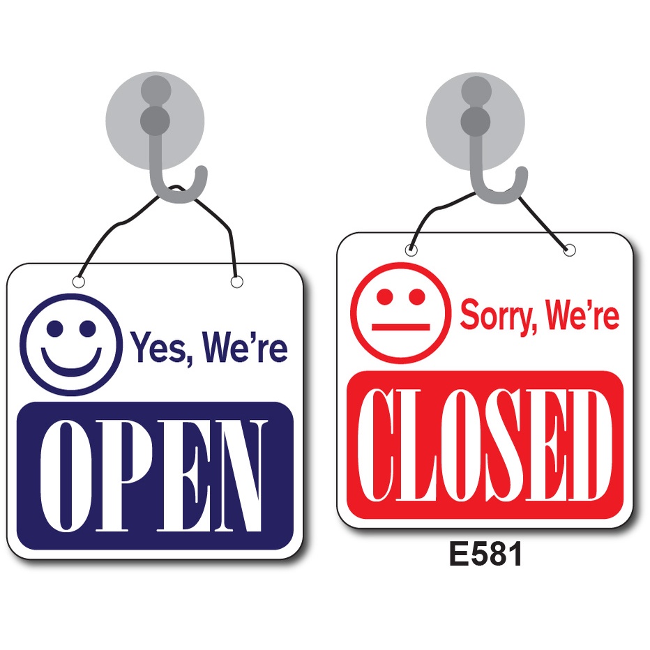 WELCOME WE ARE OPEN, SORRY WE ARE CLOSED PP HANGING SIGN BOARD WITH CHAIN AND SUCTION CUP 150MM X 150MM, 180MM X 140MM