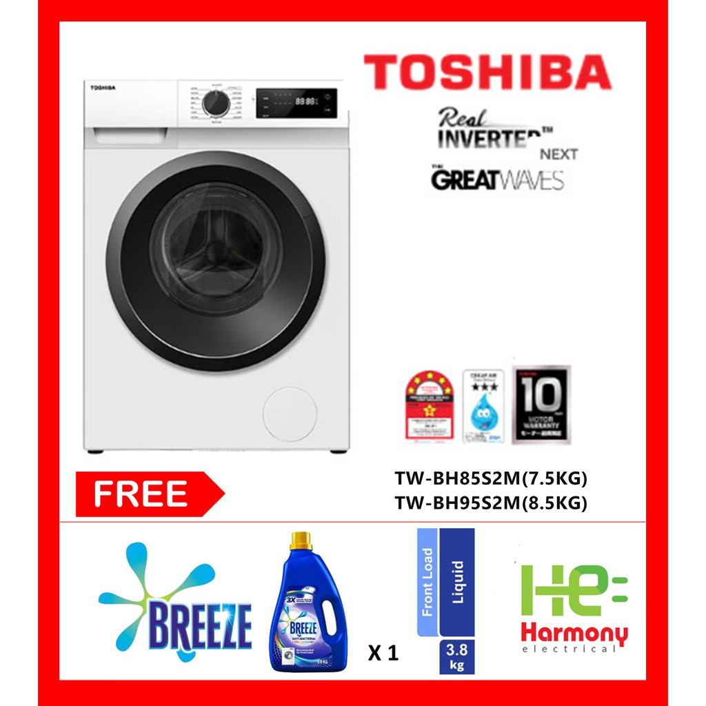 New Toshiba 7.5kg Front Load Washer TWBH85S2M + Free Breeze 3.8kg