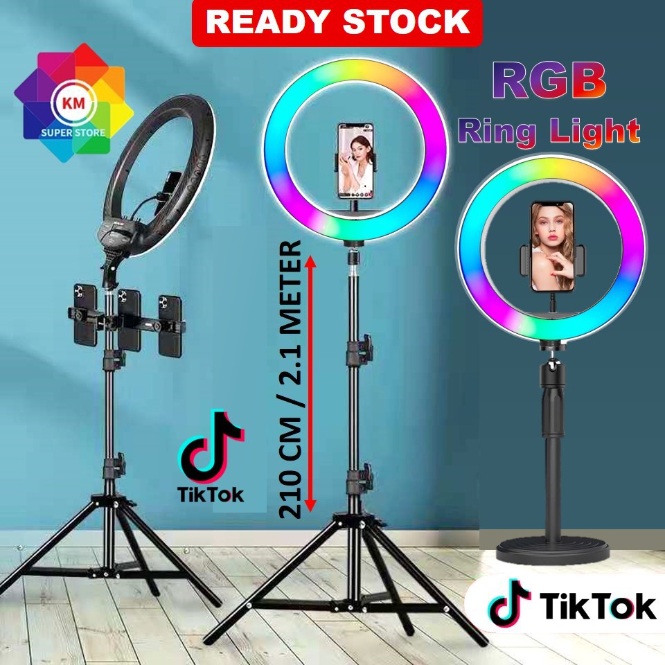 RGB Ring Light 2.1 Meter Tripod Stand Colorful Lampu Live Selfie Tiktok Live Stream light 20 Patterns Light七彩直播灯|亮度速度可调