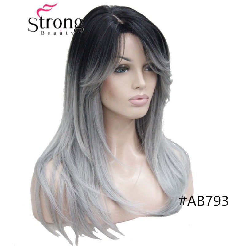 Long Synthetic Ombre Black Root White Purple Mix Dark Gray Mix