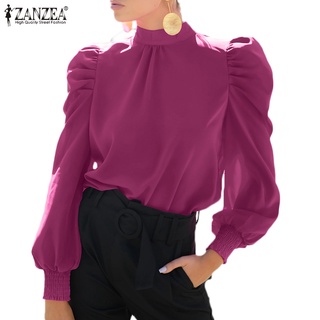 Image of ZANZEA Women Tie Neck Long Puff Sleeve Solid Color Casual Blouse