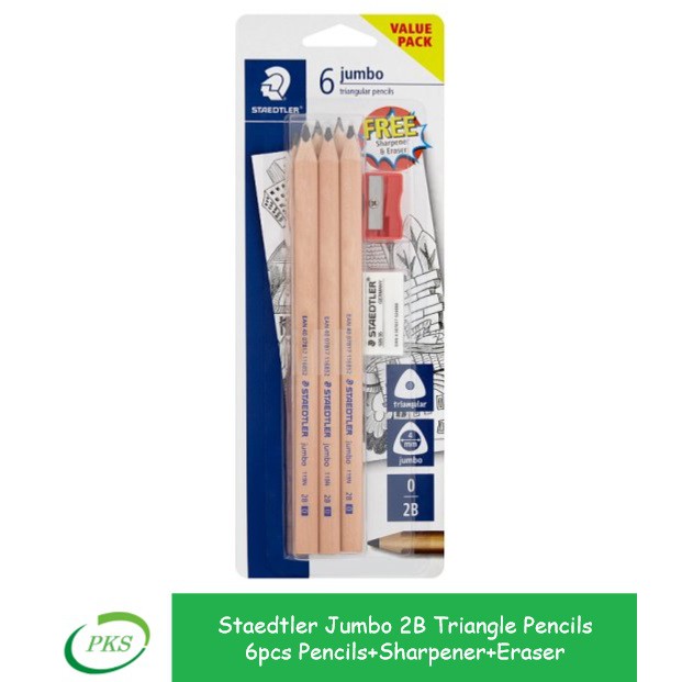 Staedtler 6 Jumbo Triangle 2B Pencil Set Free Sharpener Eraser (119N 2B