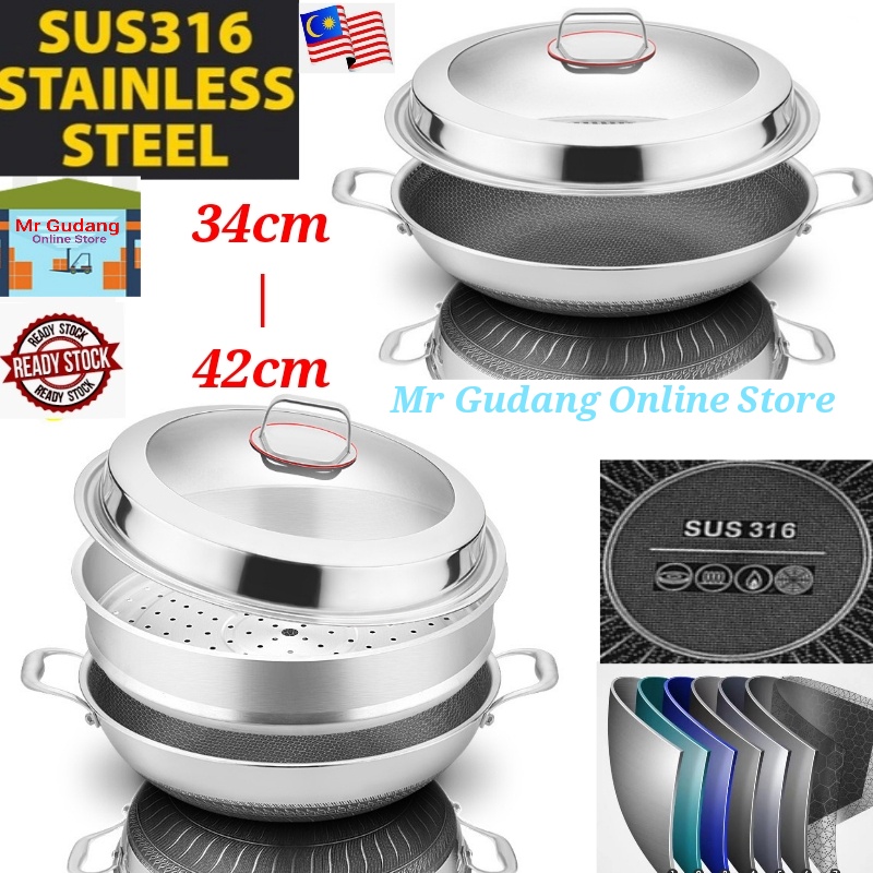 SUS316 Stainless Steel Honeycomb Pan Non-Stick Wok With Lid (34/36/38