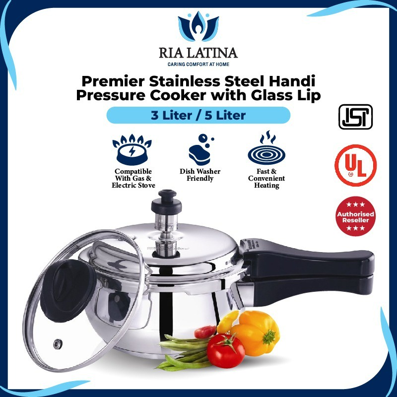 Premier Stainless Steel Handi Pressure Cooker with Glass Lip 3 Ltr / 5 Lt