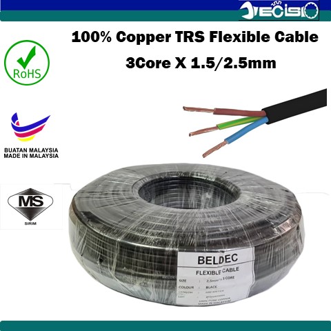 Beldec 3 Core Trs Flexible Cord Cable 3c X 1 5mm 30 0 25 3c X 2 5mm 50 0 25 100 Pure Copper Shopee Malaysia