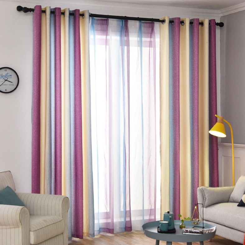 Living Room Curtain Door Window Curtains Mediterranean Style Short Purple Curtain Striped Curtains For Bedroom Sortina