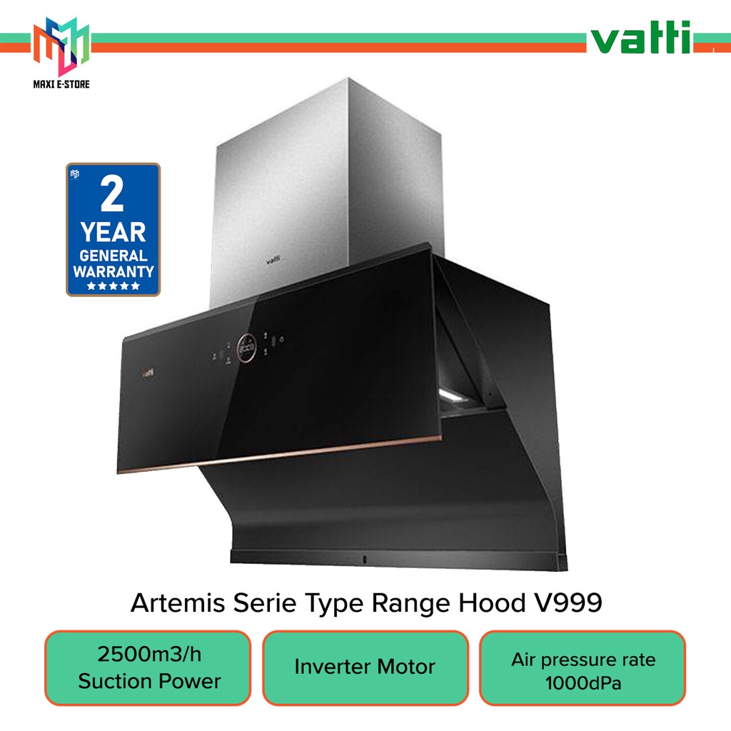 Vatti V999 Artemis Serie Type Range Hood 2500m3/h Suction Power with 100dPA Air Pressure Inverter DC Motor