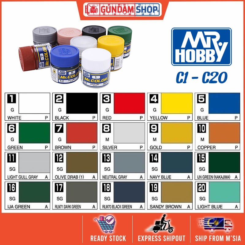 Mr.Hobby Mr. Color Lacquer Paint C1-C20 White Black Red Yellow Blue ...