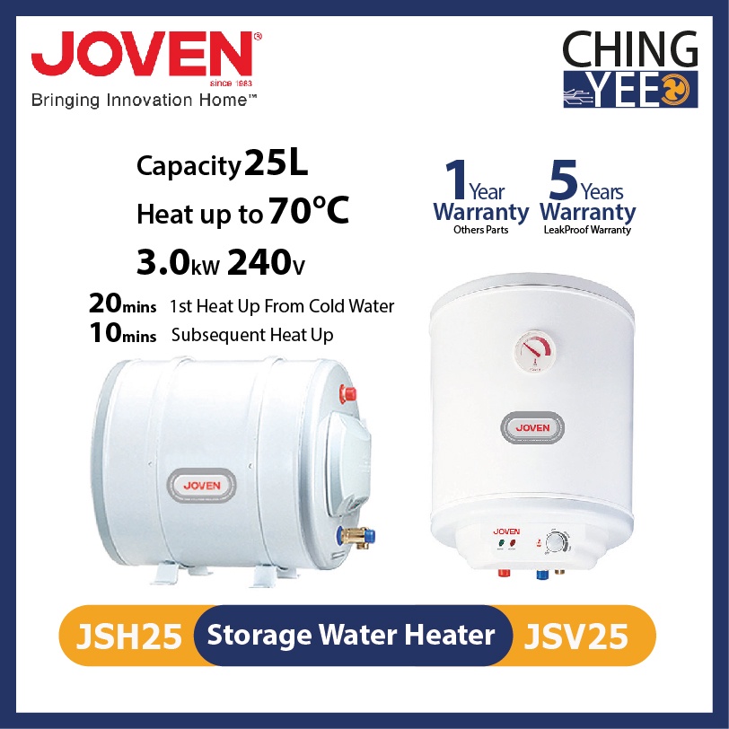 Joven Storage Water Heater JSH25 Horizontal or JSV25 Vertical Tank with