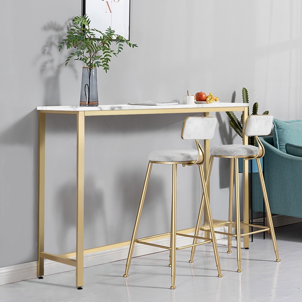 FINSSO: Parsons Marble Texture Wooden Bar Table with Gold Metal Frame + 2 Bar Stools