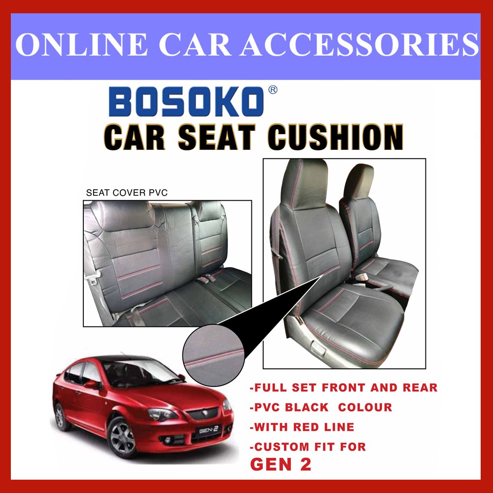 Proton Gen 2 - Custom Fit OEM Car Seat Cushion Cover PVC Black Colour Shining With Red Line (Made In Malaysia)