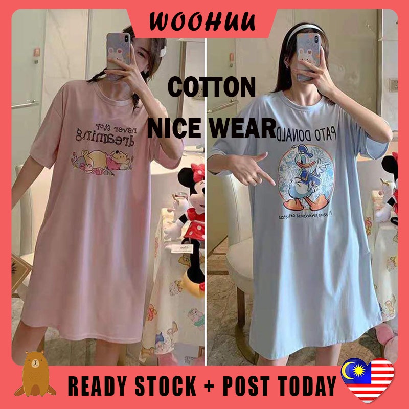 READY STOCK WOOHUU Cotton Cartoon Pyjamas Baju Tidur Rumah Comfortable Short Sleeves Round Neck