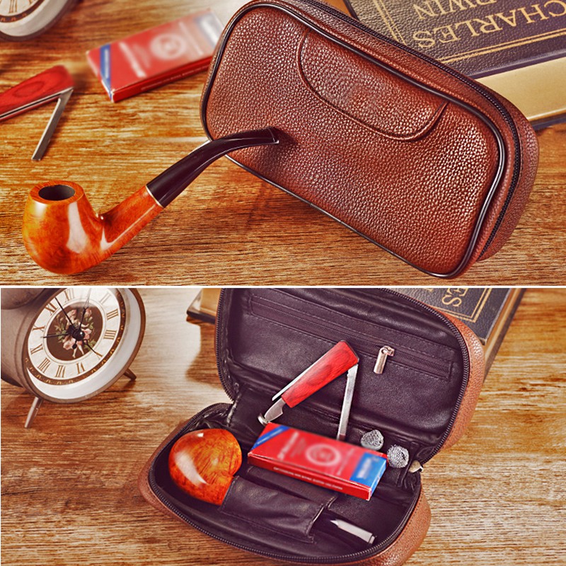 Brown Smoking Bag Leather Bag Smoking Pipe Bag for 2 pipes Litchi