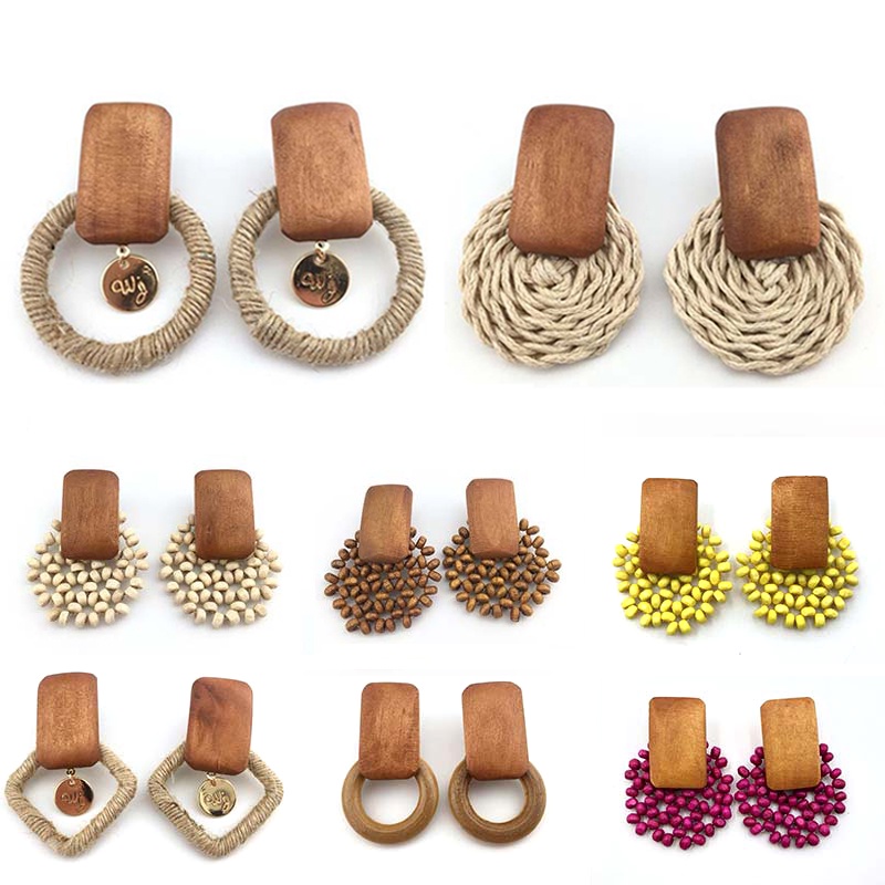 Women Retro Handmade Wooden Earrings Bamboo Rattan Jewelry Pendant Drop Earring