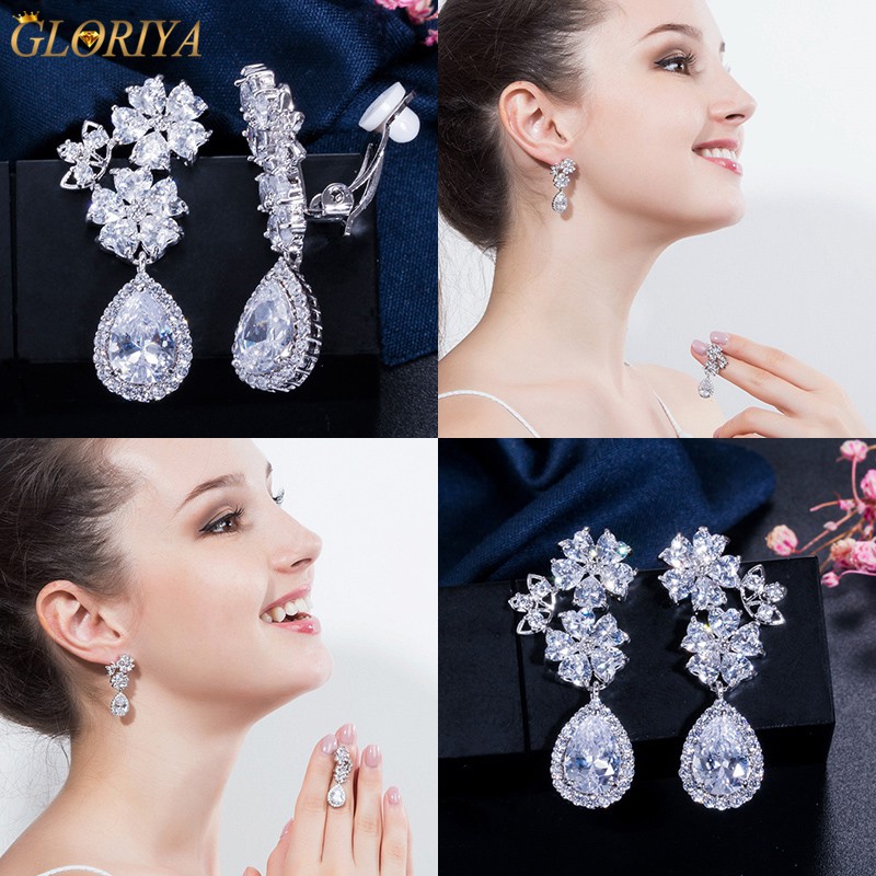 Korean Bridal Wedding Crystal Jewelry Shiny Zirconia Diamond Clip On Earings for Women Noble Clip Earrings【Gloriya】E044