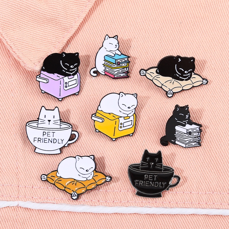 Naughty Cats Enamel Pins Black Kitten Brooches Books Mug Lapel Badges Cartoon Funny Animal Jewelry Gift for Kids Friends