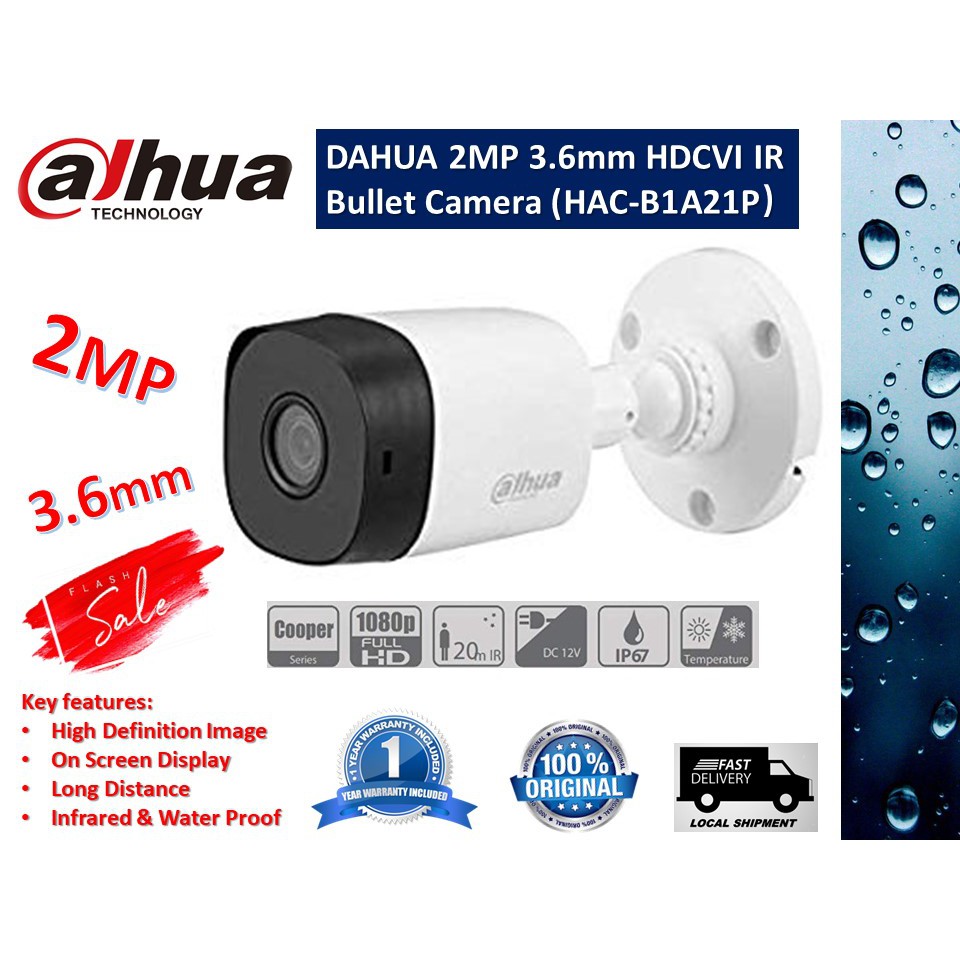 DAHUA 2MP Bullet Camera (HACB1A21P) 2MP 3.6mm Fixed Lens HDCVI IR