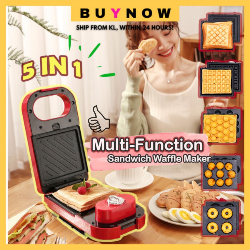 🔥WARRANTY🔥 5 IN 1 Waffle Maker Electric Sandwich Maker Pembakar Roti Breakfast Bread Maker Auto Timer 多功能早餐机