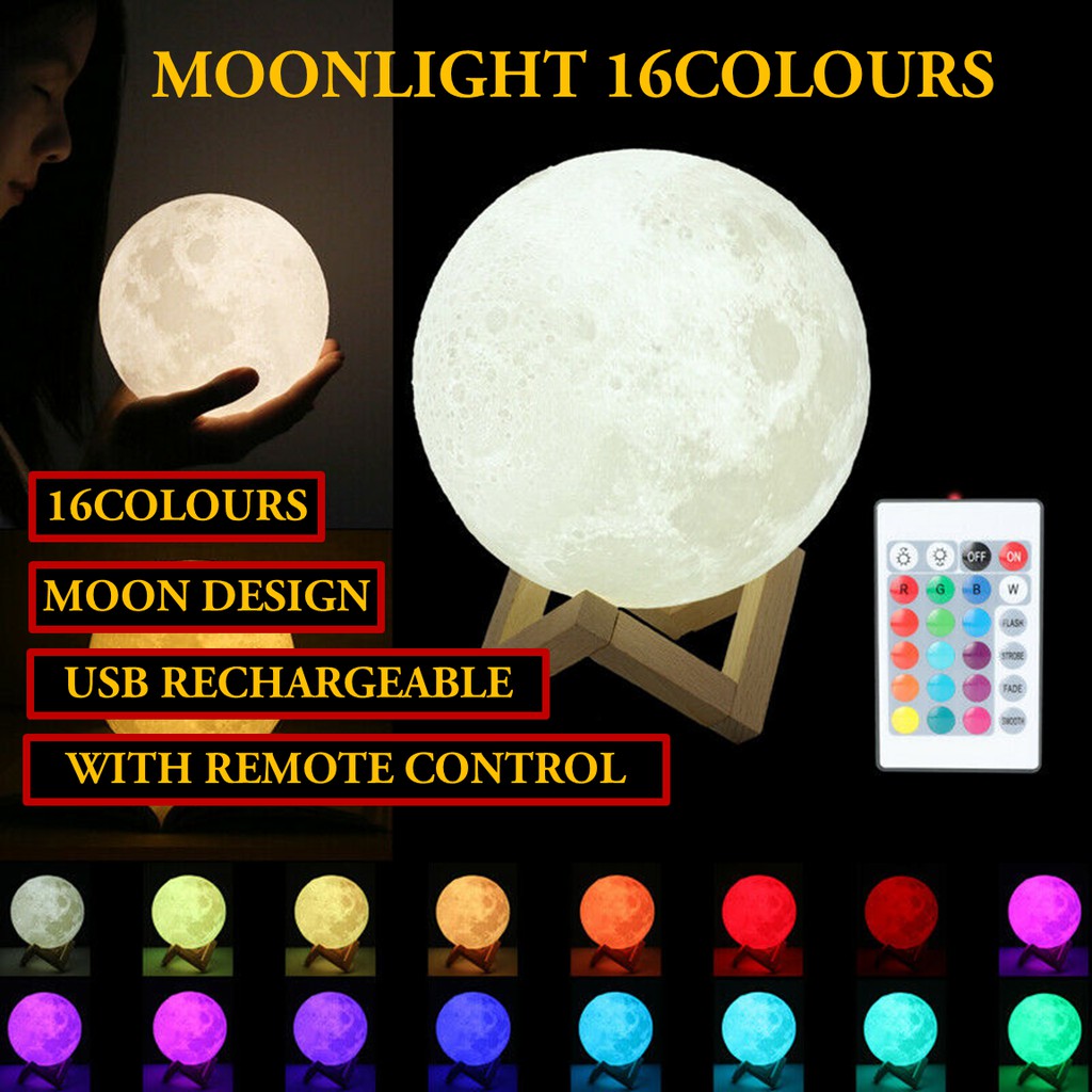 [CLEARANCE STOCK] Moon Lamp 16colour Night Light 3D Print Moonlight LED Dimmable Touch/Pat/Remote Switch Table Desk Lamp