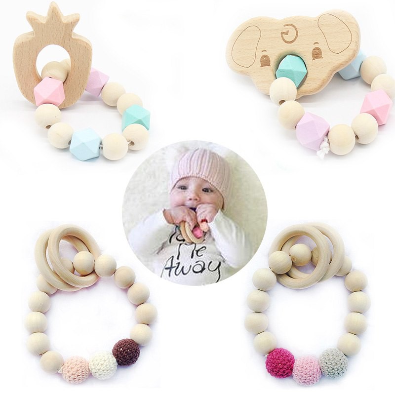 Animal Wooden Teether Baby Chewable Teething Bracelet Silicone Beads Rattle Toys