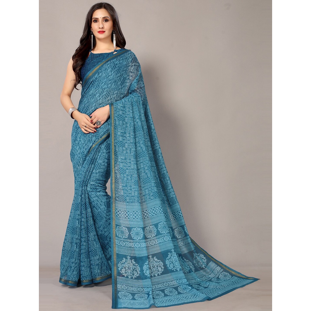 Hritic Indian Saree Fabric Blue & Gold-Toned Floral Zari Block Print Saree / Indian Dress / Indian Anarkali / Indian Kurti / Indian Shop / TokoIndiaCheap