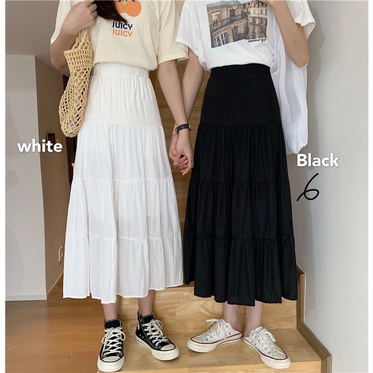 Spring And Summer Women Chiffon skirts Vintage High Waist Elastic Splice White Black Chic Long A-line Dress