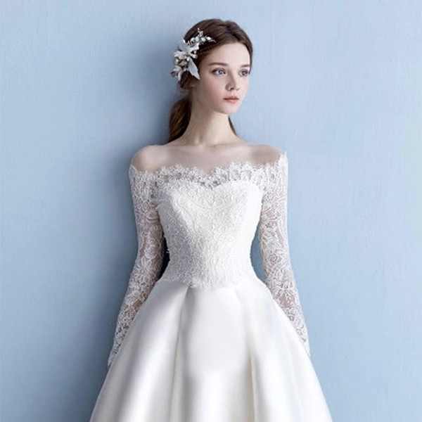 European Style White Long Sleeve One Shoulder Satin Wedding Dress