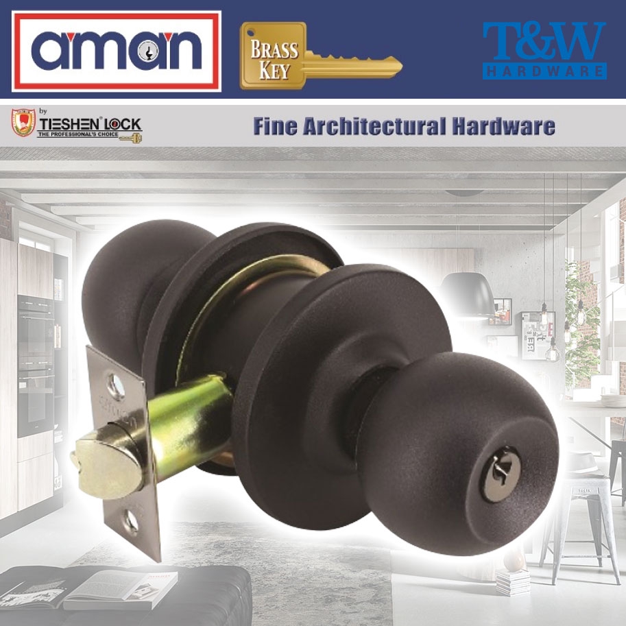 AMAN Matte Black Cylindrical Lock Entrance Door Knob Set V5871MB / Kunci Silinder Tombol Pintu