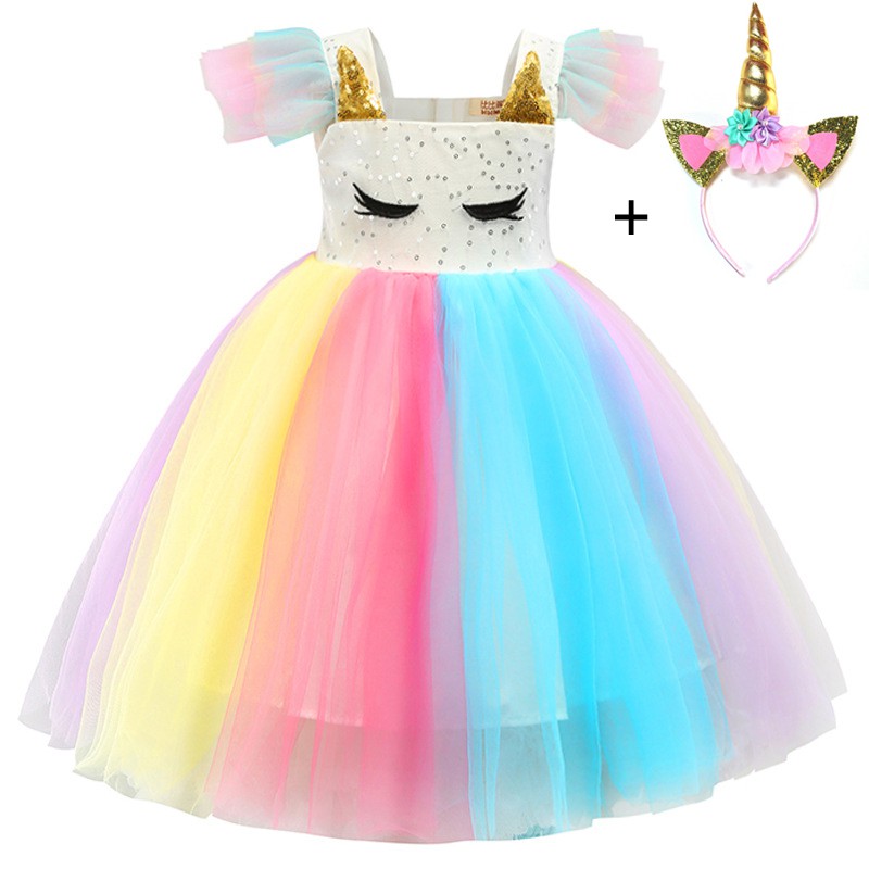 Unicorn Girls Dress Cute Cartoon Cosplay Princess Dress Mesh Rainbow ...