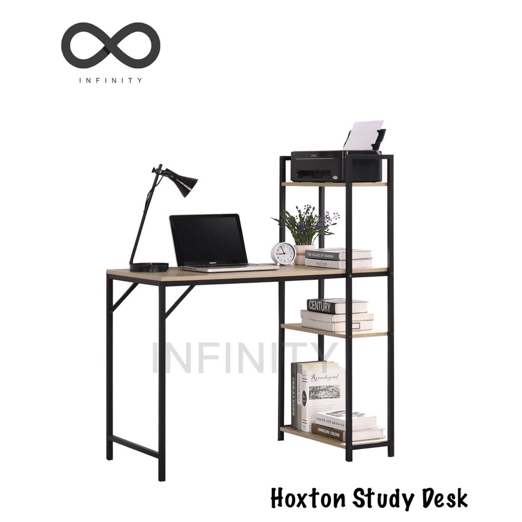 Infinity Hoxton Study Desk / Writing Table / Computer Table / Study Desk With 4 Tier Book Shelf (Black + Natural)