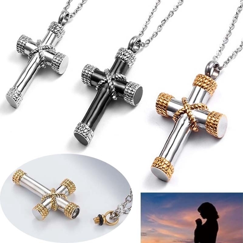 Stainless Steel Funeral Cremation Gold Cross Pendant Keepsake Urn Necklace for Ashes Memorial Jewelry Mementos